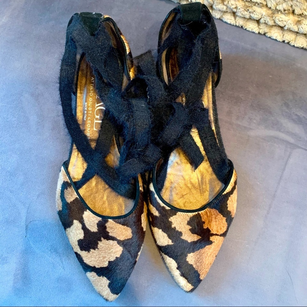 AGL Animal Print Pointy Toed Ankle Lace Up D’Orsay Italian Flats 39